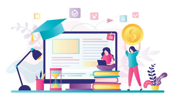 Female character investing money in education. Student sitting with laptop and upgrade skills. Investment in knowledge concept. Learning student. Educative credit scholarship. Flat vector illustration